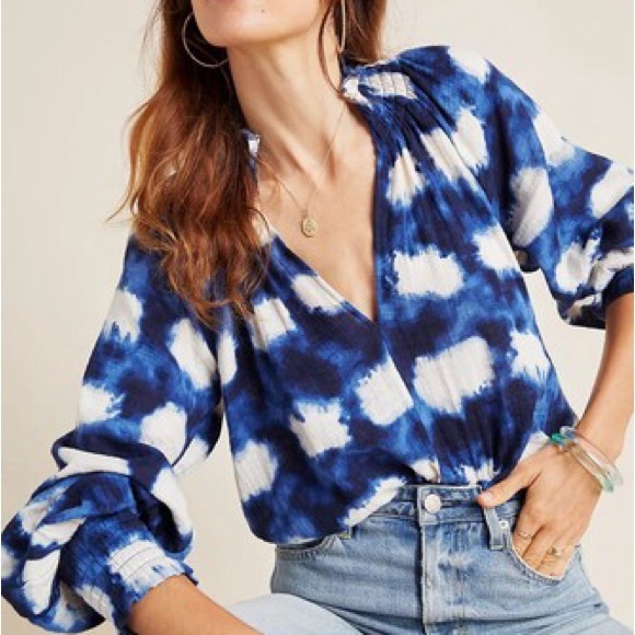 Anthropologie Tops - Porridge for Anthropologie Blue and White 3/4 Sleeve Relaxed Blouse